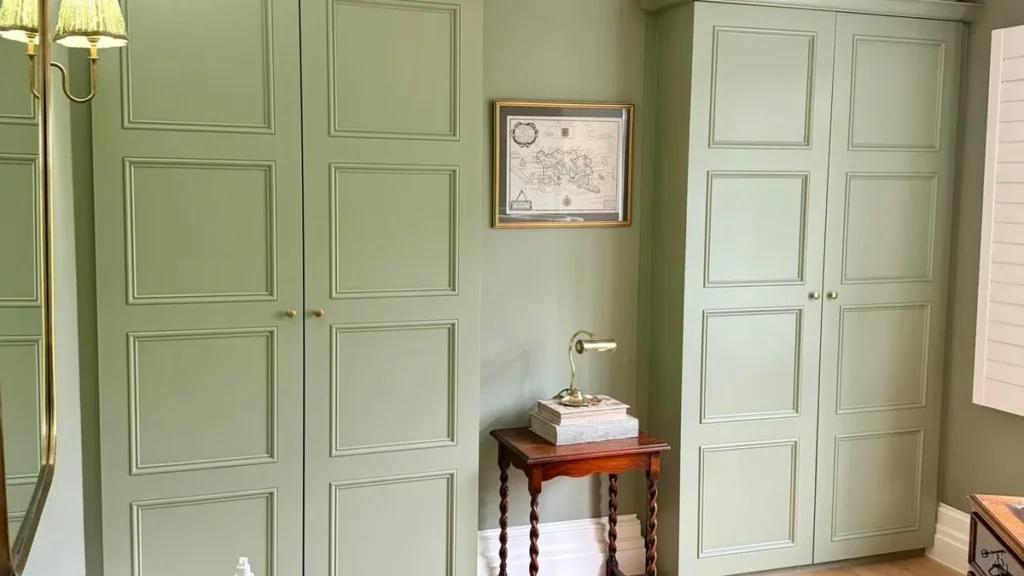 Fitted wardrobes Jersey - sage green panelled built-in wardrobes