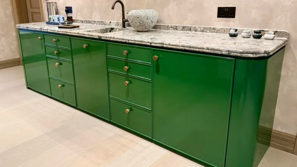 Kitchen respray Jersey - spray finished green gloss cabinetry
