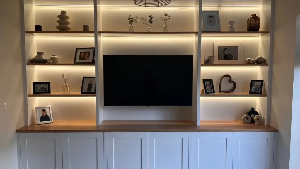 Media wall Jersey - bespoke TV unit with lit shelving